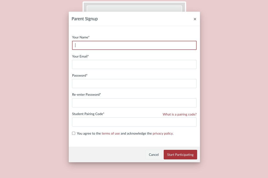 Canvas Parent signup page